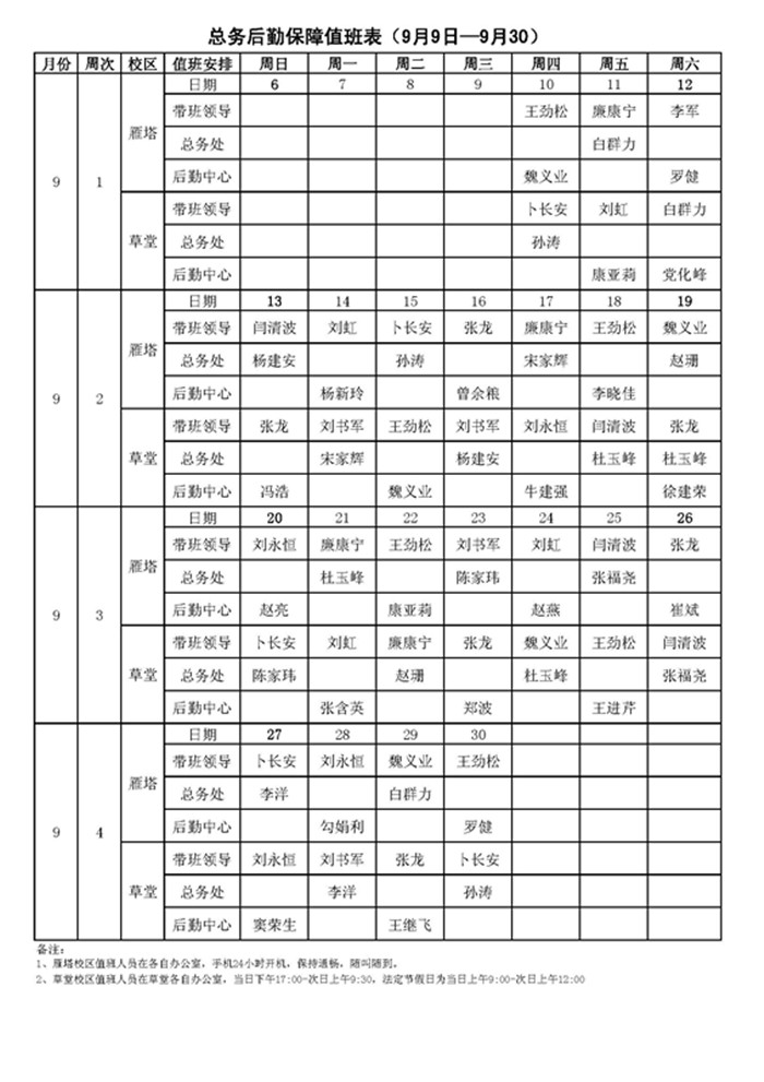 总务后勤保障值班表（9月9日—9月30日）_副本